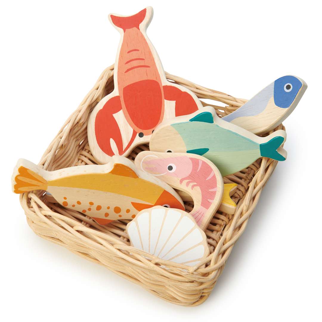 Tender Leaf Toys ของเล่นไม้ ชุดทำอาหาร ของเล่นบทบาทสมมติ ตะกร้าหวายซีฟู้ด Seafood Basket